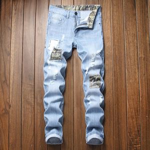 Män avslappnade jeans vintage jeans denim lapptäck knän hål byxor blekt repade tvättade hög kvalitet