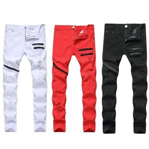Мужские джинсы w2022 повседневная застежка -молния мужски для мужчин три цвета перфорированные стройные брюки хип -хоп уличная одежда