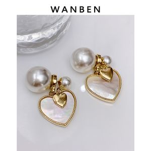 Wholesale sweet heart ball for sale - Group buy luxury white pearl stud earrings jewelry for women sweet heart designer K gold ball double side ear rings