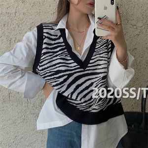 Zebra Mönster Vest Women's Sticked Vest 2021 New Autumn Loose Korean Outdoor Sweater Waistcoat 210203