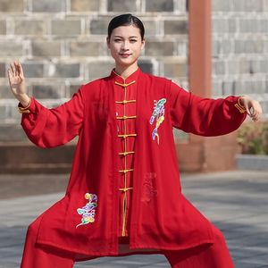 Roupas étnicas vermelhas tai chi uniforme artes marciais roupas bordados performance trajes de roupas esportivas de materiais folclóricos chineses TA20