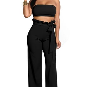 Sexiga rygglösa kvinnor Crop Top and Pants Set spetsar upp solida byxor Set Set ärmlös axellös 2 -delad kvinnor set kvinnor kläder