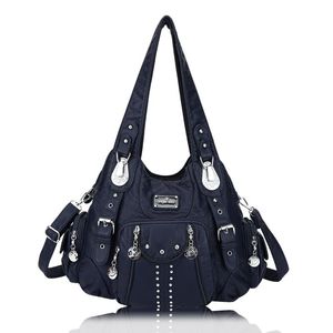Evening Bags Angelkiss Rivet-Decorated Washed PU Women Shoulder Bag Double-Compartment And Multi-Pocket Large Capacity Lady Messenger ToteEv