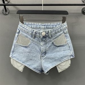 DEAT Summer Fashion Women Shorts Denim Patchwork Light Blue paljetter Girl's Female WP75405L 210428