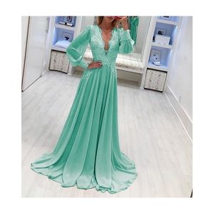 Donne sexy scollo a V manica lunga in pizzo patchwork maxi abito in chiffon Verde rosa partito abiti Plus size abiti per le donne 4xl 5xl 6xl T200113