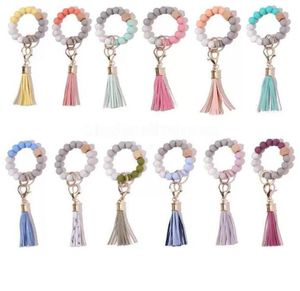 Silicone Beaded Bangle Keychain with Tassel for Women Party Favor, Wristlet Key Ring Bracelet FY2981