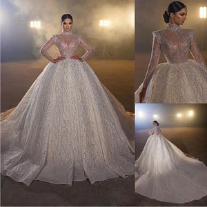 Dubai Arabic Ball Gown Wedding Dresses Plus Size High Neck Long Sleeve Sweep Train Bridal Gowns Bling Luxury Beading Sequins