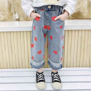 Girls Jeans Heart Pattern Girl's Jeans Patchwork Trousers For Children Spring Autumn Children's Clothing Casual Style 210412