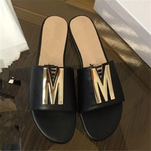 High quality Womens Sandals Fashion Flats Slippers Black White Genuine Leather Slides Summer Shoes Ladies Flip Flops