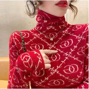 New women warm tops Turtleneck Sweater Pullover Print Luxury Shirt Female Clothing winter Undercoat Holiday Clothing red lady