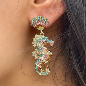 Uttalande färgglada strass havshästörhängen för kvinnor glänsande kristall dinglar örhänge vackra söta smycken gåvor