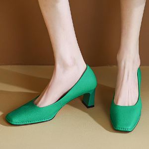 Vestido sapatos de couro genuíno salto médio bombeia mulher elegante verde laranja salto laranja senhoras de trabalho de trabalho 2022 springdress springdress