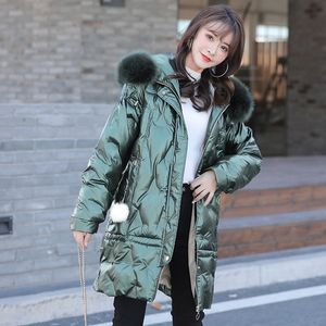 Winter the glossy fashion loose down cottonpadded jacket female han edition of the long rope with thick style 201027