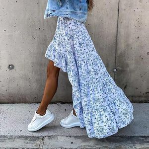 Frauen Asymmetrische Lange Röcke 2022 Sommer Floral Print Rüschen Böhmischen Rock Mode Hohe Taille Strand Party Streetwear