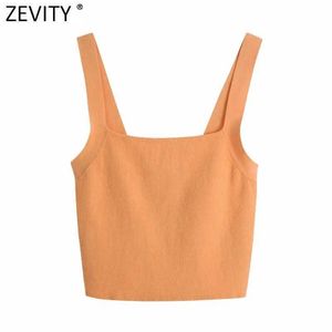 Zevity Women Spaghetti Strap Orange Color Chic Camis Tank Lady Summer Back Lower Knitting Short Sling Vest Crop Tops LS9177 210603