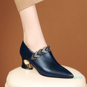 Sukienka Buty Soft Leather High Heels Woman, Moda Kobiety Pompy, Rhinestone Fall Buty, Dziwna Obcasa, Zip Boczny, Czarny, Niebieski, Dropship