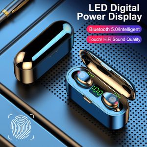New F9 Wireless Bluetooth 5.0 Earphones sports Headphone LED Display With 2000mAh Power Bank Noise Cancelling Touch Control Support IOS Android Phone HD Call