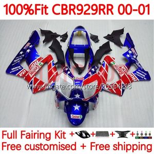 Spritzgusskörper für HONDA CBR900 CBR929 CBR 929RR 900RR 900 929 RR CC 00 01 Karosserie 117No.22 900CC 929CC CBR929RR 00-01 CBR900RR 2000 2001 OEM-Verkleidung rot blau