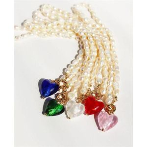 Real Baroque Pearl Necklace With Heart Charm Pink Blue Red Green Crystal Love Pendant Summer Bohemia Outer Banks Necklaces257o