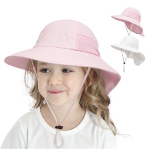 Cappello da pescatore estivo per bambini Colore puro Rosa Bianco Grigio Protezione solare in rete traspirante leggera con mantello per ragazze e ragazzi