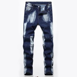 Stretch-Fit, verwaschene weiße Jeans, modische, lässige Herren-Bikerhose, dunkelblaue Batik-Denim-Baumwollhose, Vaqueros de hombre