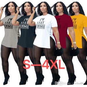 Plus Size S-3xl 4XL Designer Tracksuits Womens Sexy Two Piece Sheer Yoga Pants Set T-shirt Mesh Leggings Outfit Letter Printed Clothing