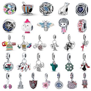 925 Argento Fit Pandora Charm 925 Bracciale Ciondolo Vino rosso Cactus Magnolia charms set Ciondolo Gioielli fai da te con perline fini