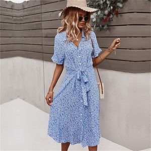 Spring Summer Ladies Bandage Dress Women Casual Medium Long Sleeve Button Floral Print Holiday Style Chic Dress Female 220406