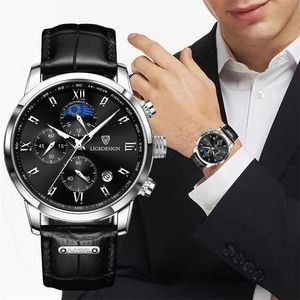 Lige Mens Watches Business Fashion Watch Man En İyi Marka Lüks Deri Kol saati Kuvars Kronograf Su Geçirmez Otomobil Tarihi Saat 220530