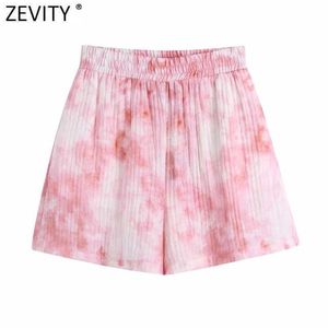 Zevity Women Fashion Tie Dyed Print Casual Bermuda Pleats Shorts Female Chic Elastic Waist Summer Pantalone Cortos P1035 210603