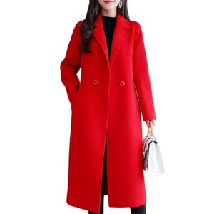 Autumn Wool Coat Women Plus Size Pockets Button Solid V-Neck Loose Long Red Women Coats Black Ladies Coats Cape Coat LJ201128