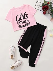 Pantaloni da jogging con pannello a t-shirt grafica Slogan per bambine SHE