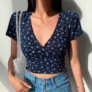 T-shirt feminina xpqbb Sexy Deep em V Women Y2K Vintage Floral Print Sleeve Tshirts Woman 2022 Summer Slim Fit Crop Tops