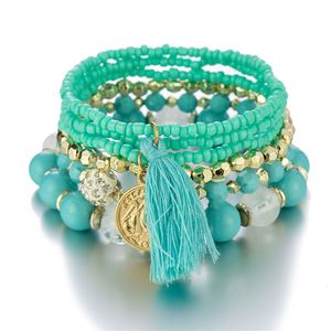 Tassel Charm Bracelets Fashion Beauty Head Coin Rice Beads Beaded Bangles Women Gifts Bohe Colorful Gold Metal Multi-layer Elastic Stretchy Jewelry Accessories