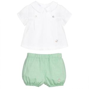 Kleidungssets Sommer-Outfits für Babys, Kleinkinder, Taufe, Geburtstag, Kleidungsset, Kleinkind, weißes Hemd, grüne Shorts, spanische Boutique-Kleidung, Kleidung