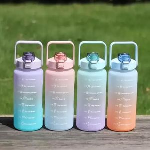 2L Large-Capacity 2000ML time scale space Gradient Bottles Water Sports Frosted Cup with Straw Time Marker Drinking Leak-Proof Bounce Lid Jugs C0617G02