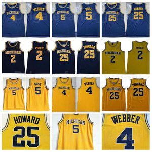 NCAA Michigan Wolverines College Basketball 25 Juwan Howard Jerseys 4 Chris Webber 2 Jorda Poole 5 Jalen Rose Retro Vintage University Navy Blue Yellow Quality