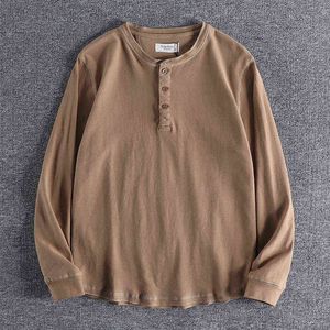 2020 Autumn New Heavyweight American Style High Quality Youth Bottoming T-shirt Cotton Loose Long-Sleeve Henry Collar Men's Tops T220808