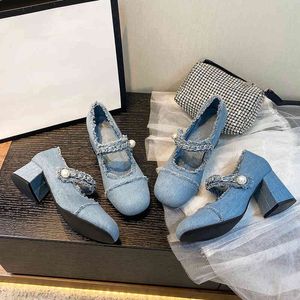 Miu Mary shoes 2022 new denim pearl square head high women's medium heel chunky heels