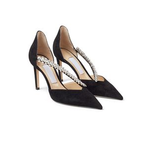 Scarpe eleganti da donna classiche Decorazione in cristallo cavo Catena Tacchi alti Tacchi a punta con strass Décolleté in camoscio rosa balletto nero Sandali da 8,5 cm con scatola