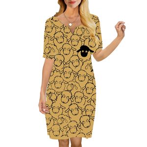 Women Dress Cartoon Lamb 3D Printed VNeck Loose Casual Short Sleeve Shift Dress for Female Dresses Yellow Dress 220616