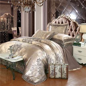 Bloemen Jacquard Luxe beddengoedset Queen/King Size Bed 4pcs katoenen zijden kanten ruches dekbedovertrek gemonteerd/laken