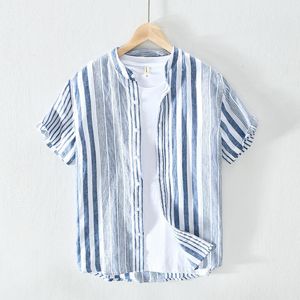 Men's Casual Shirts Summer Retro Men Striped Linen Short Sleeve Clothes Slim Fit Mandarin Collar Tops StreetwearMen's Men'sMen's