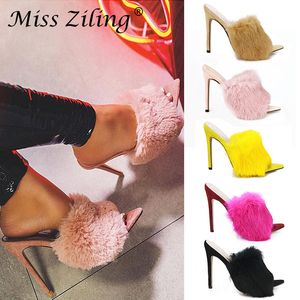 Luxury Furry Slide Sandals Shoes Woman 2019 Summer Fluffy Fur High Heels Peep Toe Pumps Women Heel Female Sexy Wedding Shoe 0227