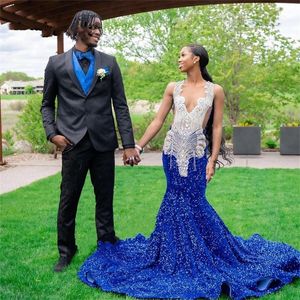 Sparkly Sexy Royal Blue Mermaid Prom Dress 2022 Sheer Neck Paillettes Perline Crystal Party Dress Aso Ebi Robe De Bal