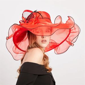 Шляпа Big Brim Fedora Women Flower Ladies Свадебная вечеринка Кентукки дерби шляпа Организация белые солнце