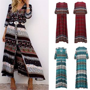 New Bohemian Printing Long Dress Women Maxi Long Dress Floral Print Retro Hippie Vestidos Chic Brand Clothing Boho Dress T200604