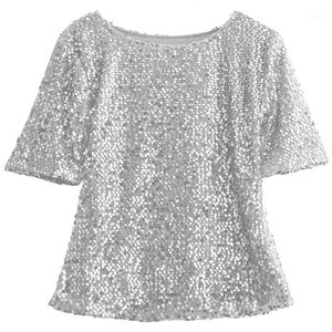 Fashion Short Sleeve Round Neck Glistening Sequin Blouse Slim Shirts Unik Design Solida Toppar Blusar Kvinnor