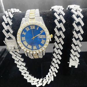 Armbandsur 3st Iced ut klockor för män Guldklocka Set 15mm Cuban Chain Armband Halsband Diamond Jewelry Relogio de Pulso