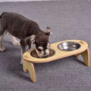 Raised Pet Bowls for Cats and Dogs Wooden Elevated Dog Cat Food Water St Feeder with 2 Stainless Steel Y200917